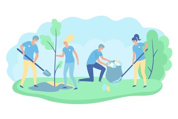 Volunteers cooperating together and cleaning up city park, they are collecting and separating waste, environmental protection concept. Vector illustration.