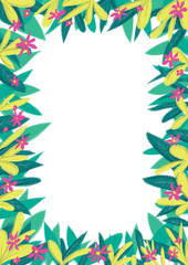 Fototapeta na wymiar Border Frame of colorful tropical flowers, colourful. Vector writing paper, poster, memo, decorative
