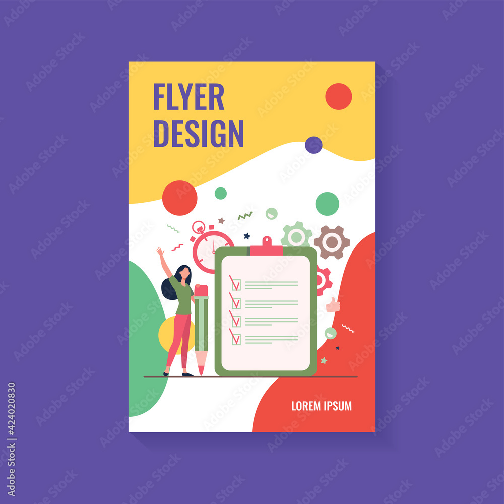 Poster checklist or survey concepts. woman with pencil checking boxes in task list. vector illustration for