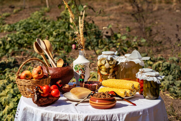 Served traditional banquet table of the Don Cossacks in the open air.