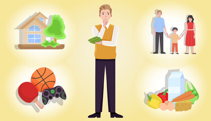 Spending money on family, food, home, entertainment. A man thinks about money.