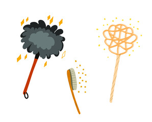 a set of three eco-friendly home brushes made of natural materials and wood. isolated vector images.