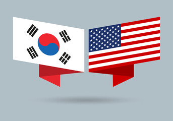 South Korea and USA flags. American and Korean national symbols. Vector illustration.