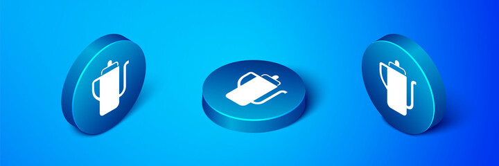 Isometric Traditional Chinese tea ceremony icon isolated on blue background. Teapot with cup. Blue circle button. Vector