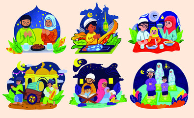 Obraz na płótnie Canvas Set Hand drawn Ramadan Activity Family, Praying, Ramadan celebrated Illustration Vector