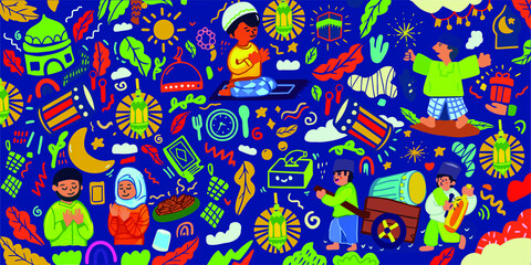Handrawn Ramadan Activity Praying, celebrated Illustration, Patern Vector 