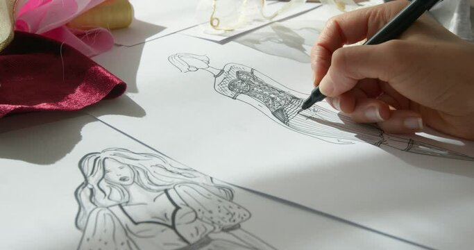 The designer draws with a pencil a sketch of fashionable women's clothing on paper. The artist develops a stylish look at the workplace.