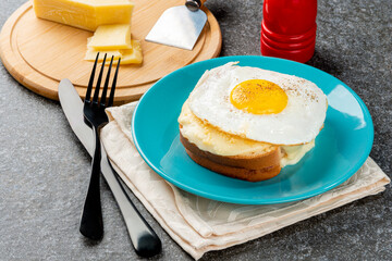 Breakfast. Hot sandwich. Croque madame sandwich. Traditional French cuisine.
