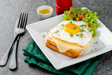 Breakfast. Hot sandwich. Croque madame sandwich. Traditional French cuisine. Copy space.