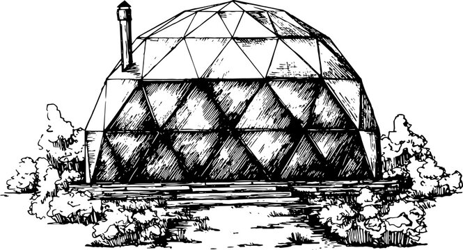 geodesic dome black and white sketch exterior front elevation. geodesic structure with a big panoramic window and a little chimney 