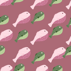 Exotic ocean seamless pattern with doodle puffer fish ornament. Pink pale background. Simple design.