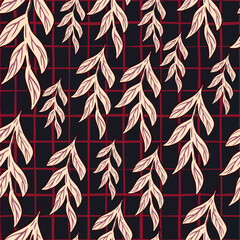 Abstract nature seamless pattern with pink colored outline branches shapes. Maroon chequered background.