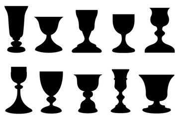 Collection of different chalices isolated on white