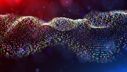 Abstract blue red and yellow particles background. Flow wave with dot landscape. Digital data structure. Future mesh or sound grid. Pattern point visualization. Technology vector illustration.