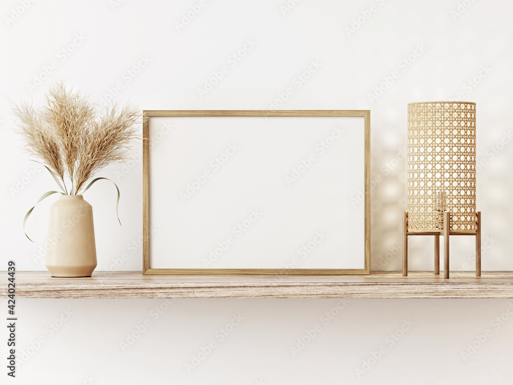 Poster small horizontal wooden frame mockup in japandi style room interior with caned lamp and dried pampas