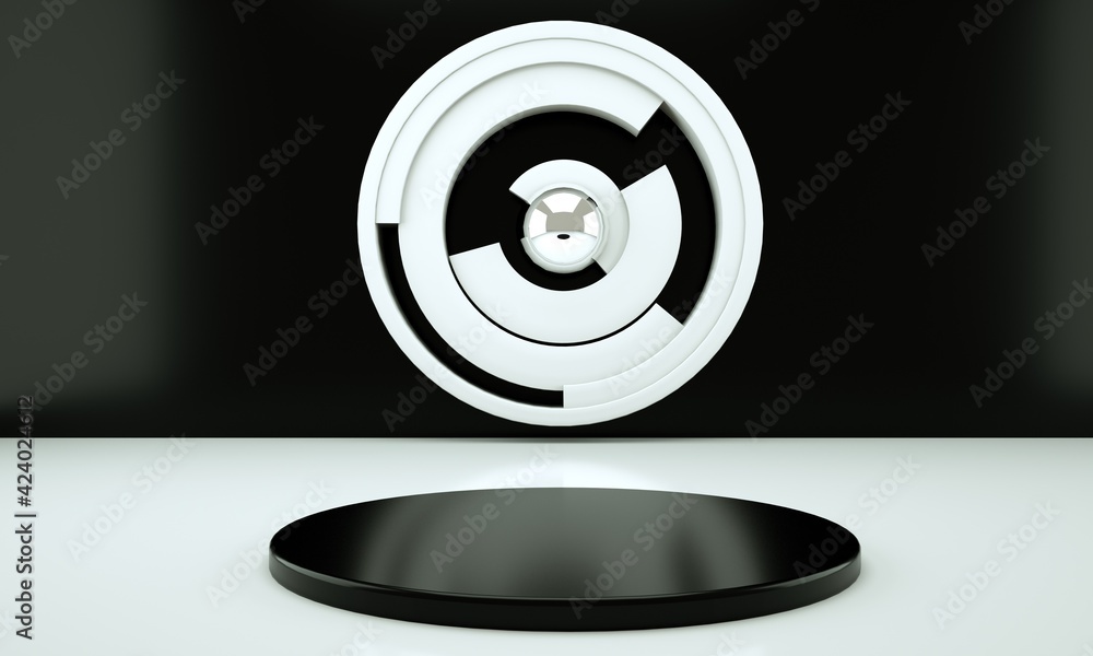 Poster 3d rendering studio with geometric shapes, podium on the floor. platforms for product presentation, 