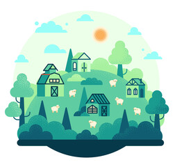 Vector cartoon illustration in flat cartoon stile, village landscape, farmhouses, trees and sheep walking in the fields. 