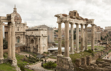 Partial view of Roman Forum "Forum Romanum" in Rome, Italy. It is one of the main tourist attractions.