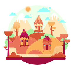 Three wooden huts stand on a hill, african orange landscape. Vector cartoon illustration n flat cartoon stile. 