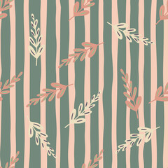Fototapeta na wymiar Random seamless pattern with doodle branches elements ornament. Grey and pink striped background.