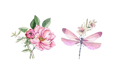 pink insect dragonfly with flowers on white background close up, illustration watercolor hand painted - obrazy, fototapety, plakaty