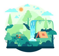 Cartoon illustration in flat style with trees, hills, waterfall and clouds. Background for summer camp, nature tourism, camping or hiking design concept.