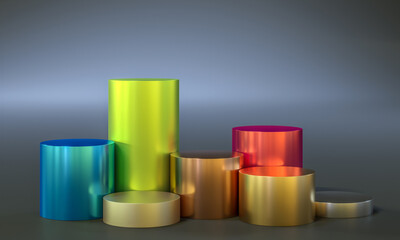 colored metal cylinders. podium to show products.