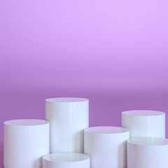 white cylindrical podium on a lilac background.