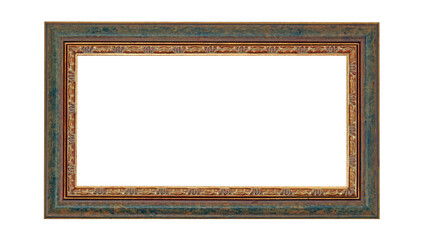 Green red wooden frame for paintings with gold patina. Isolated on white