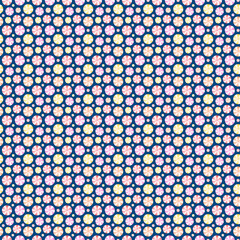 Polka dot seamless watercolor pattern. Striped sweet pink and yellow peppermint candies on blue background for cute holiday design, kid textile, wrapping paper, greeting card, package, scrapbooking