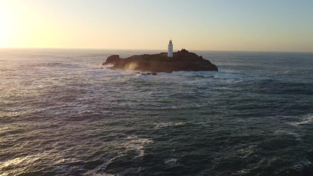 godrevy lighthouse at sunset aerial drone photography cornwall uk near gwithian and Hayle 