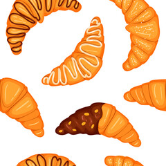 pattern with sweets. Croissants with chocolate, white icing, Cartoon traditional French croissant. Pastries, sweet dessert for breakfast or lunch. Vector illustration.