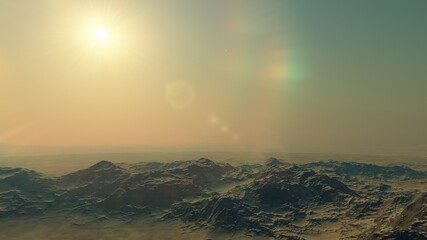 realistic surface of an alien planet, view from the surface of an exo-planet