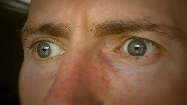Close up of a mans eyes, fear, worried, scared and paranoid expression. Men's mental health awareness. Middle aged male depression.
