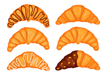 set with sweets. Croissants with chocolate, white icing, Cartoon traditional French croissant. Pastries, sweet dessert for breakfast or lunch. Vector illustration.