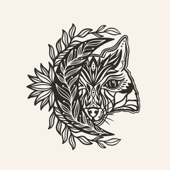 Moon crescent totemic fox animal mandala.Astrology boho witch symbol amulet.Sacred mystic decoration trendy style