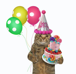 A beige cat in a party hat with a holiday cake and colored balloons celebrates a birthday. White background. Isolated.
