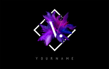 V Letter Logo Design with Colorful ink Stroke over White Square Frame.