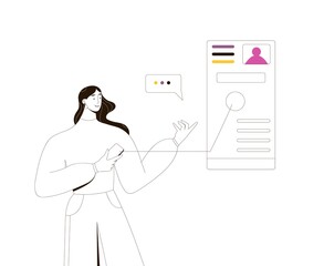 Business concept vector illustration. Woman analysing data, working using smartphone. Outline vector illustration