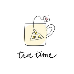 Cup with tea bag. Chamomile herbal tea illustration with hand written lettering.
