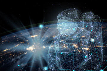  Space concept. Abstract polygonal astronaut in outer space. Blue low poly wireframe cosmos illustration. Planet at night, polygons, lines, particles  © Reda