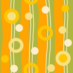 Seamless vector pattern with abstract stripes and circles. Elements of bright orange, green, and vanilla colors will make an excellent summer textile, fabric, gift paper, packaging, and background.