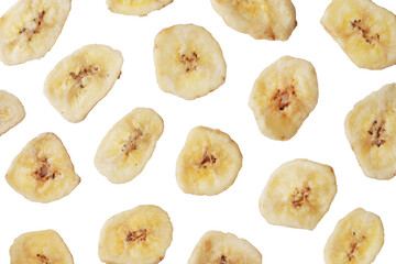 Heap of sweet banana slices on white background. Dried fruit as healthy snack