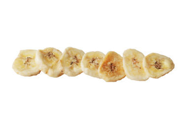Heap of sweet banana slices on white background. Dried fruit as healthy snack