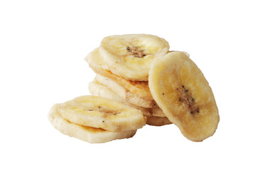 Heap of sweet banana slices on white background. Dried fruit as healthy snack
