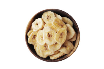 Wooden bowl with sweet banana slices on white background, top view. Dried fruit as healthy snack