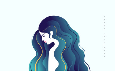Portrait of a beautiful girl with long turquoise blue hair in yellow highlights, Attractive young girl side face with modest expression and closed eyes, Vector illustration of female model.