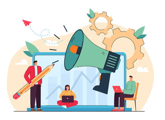 Business speaker with loudspeaker and media marketing promotion. Cartoon vector illustration. Tiny managers with giant laptop and megaphone making business. Advertisement, marketing, promotion concept