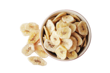 Bowl with sweet banana slices on white background, top view. Dried fruit as healthy snack