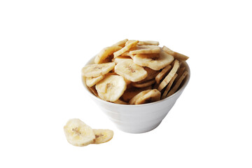 Bowl with sweet banana slices on white background, top view. Dried fruit as healthy snack
